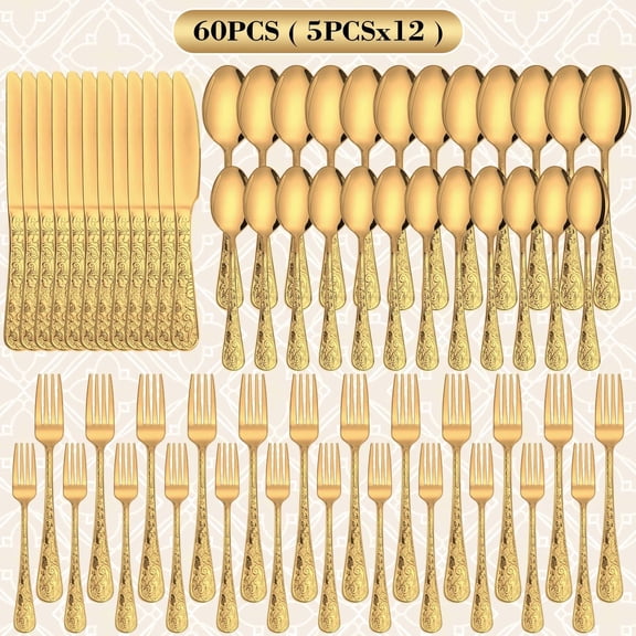 Blusmart 60-Piece Gold Flatware Set, 12-Serving Flatware Set with Steak Knife, Fork and Spoon, High Quality Stainless Steel Flatware Set, Great For Gift Giving, Dishwasher Safe