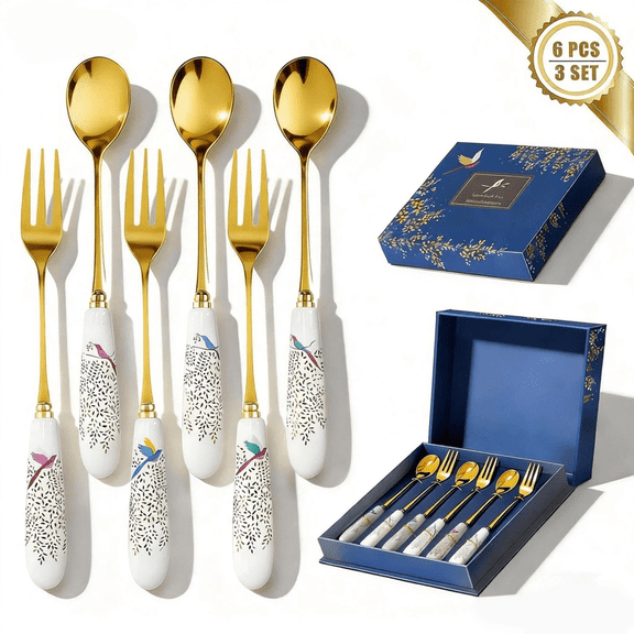 Blusmart Gold Stainless Steel Silverware Set for 3, Luxury Durable Tea Forks and Spoons with Floral Ceramic Pattern Handles, Fancy Design for Gift