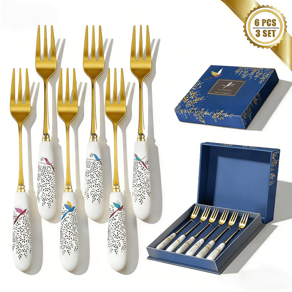Blusmart Gold Stainless Steel Silverware Set for 6, Luxury Durable Tea Forks with Floral Ceramic Pattern Handles, Fancy Design for Gift