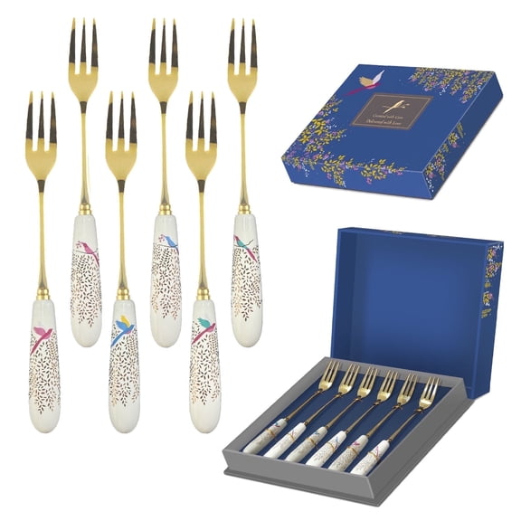 Blusmart Gold Stainless Steel Silverware Set for 6, Luxury Durable Tea Forks with Floral Ceramic Pattern Handles, Fancy Design for Gift
