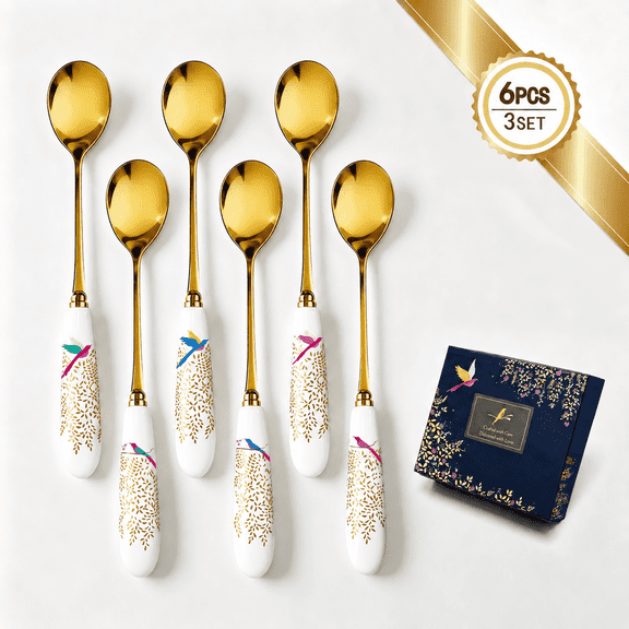 Blusmart Gold Stainless Steel Tea Spoon Set, Chinese Inspired Oriental Floral Ceramic Handles, Elegant Dessert Spoons for Tea Time & Gift