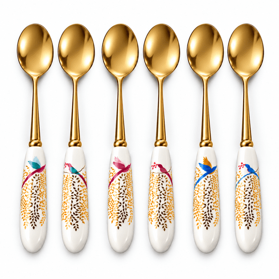 Blusmart Gold Stainless Steel Tea Spoon Set, Chinese Inspired Oriental Floral Ceramic Handles, Elegant Dessert Spoons for Tea Time & Gift