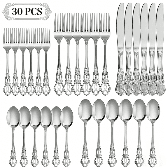Blusmart 30-Piece Silver Stainless Steel Flatware Set for 6, Mirror Polish Totem Pattern, Includes Steak Knives, Dishwasher Safe