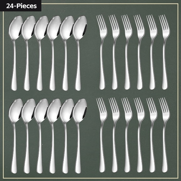 Blusmart Silver Flatware Set for 12, 24-Piece Silver Flatware Set with Fork and Spoon Combo, Food Grade Stainless Steel, Mirror Polished, For Home and Restaurant, Dishwasher Safe