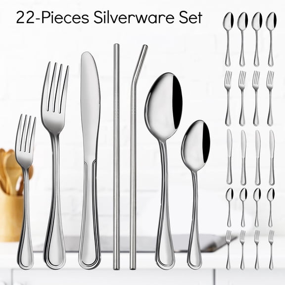 Blusmart Silver Flatware Set for 4, 22-Piece Silver Flatware Set, Stainless Steel Flatware, Premium Line Texture, 2 Free Curved Straight Straws, Suitable for Home and Restaurant, Dishwasher Safe