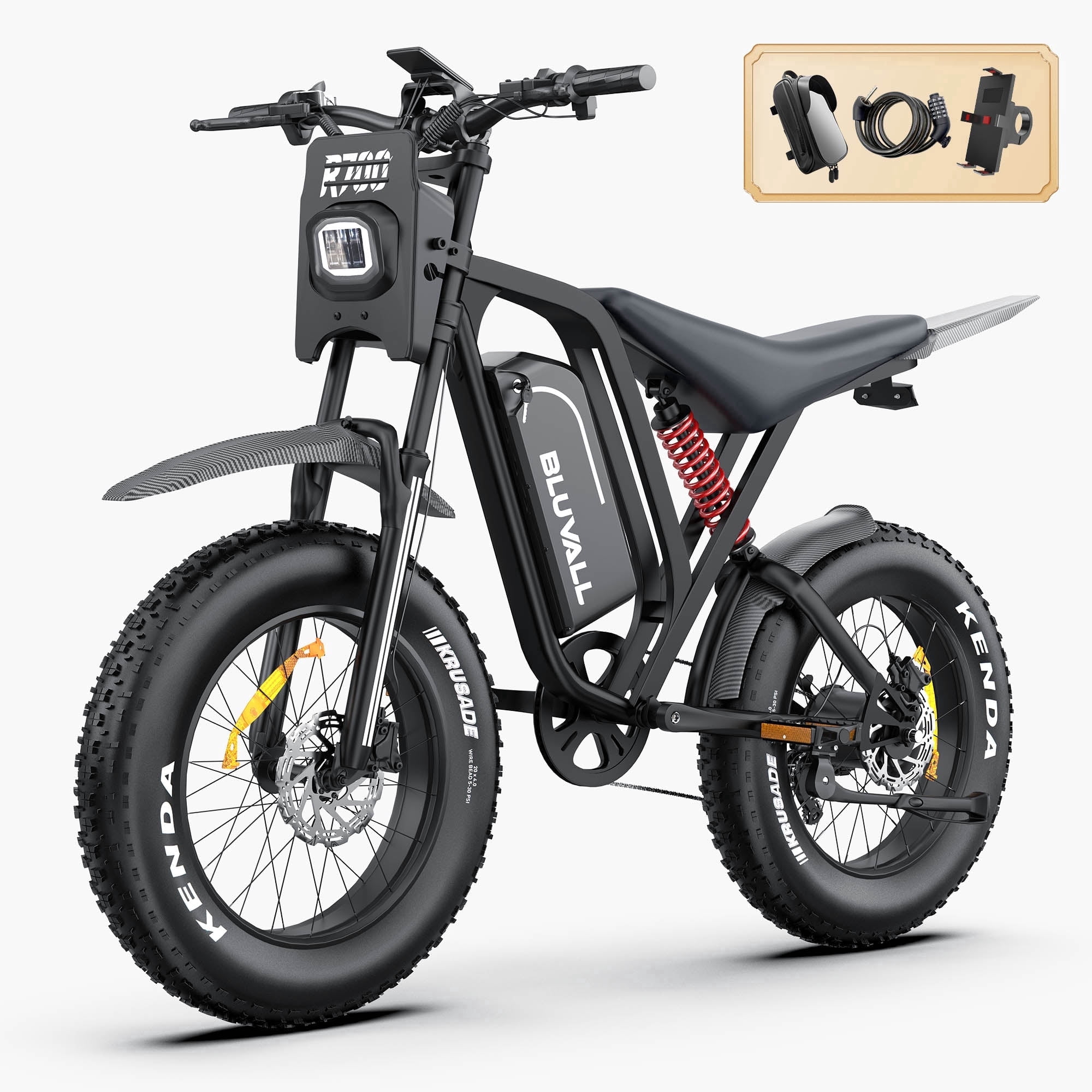 Bluvall Electric Dirt Bike for Adults, Peak 1800W Motor 35MPH, 52V/25AH Battery, 20"x4" Fat Tire Ebike, E Mountain Bicycle, Full Suspension UL2849