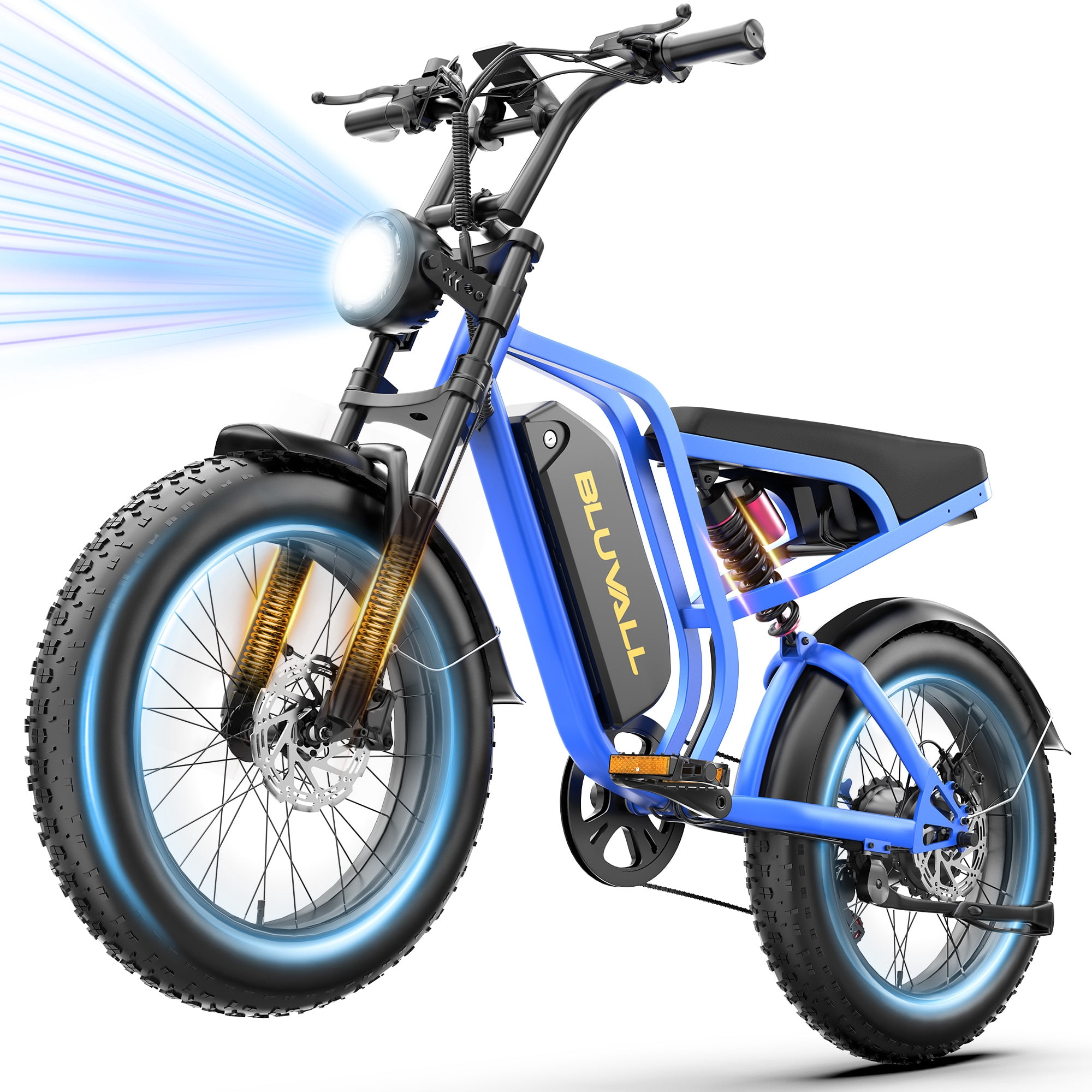 Bluvall SU8 PRO Electric Bike, Peak 1500W 35MPH, 52V 20Ah Ebike for Adults, 20" Fat Tire E-Mountain Bikes, Full Suspension UL2849 - Blue