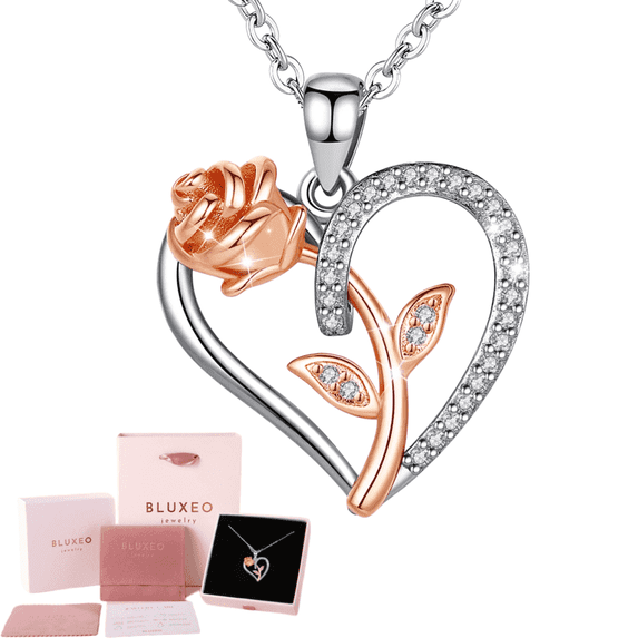 Bluxeo Sterling Silver Necklace for Women Mom Gift for Wife from Husband Valentines Day Girlfriend Rose Heart Necklace for Girlfriend Birthday Gifts Mother Daughter Pendant
