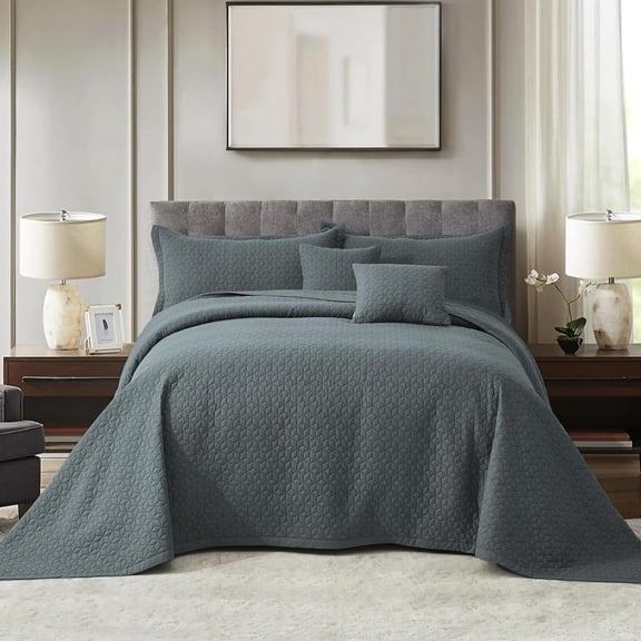 Blythease Oversized King Bedspread 128x120 Extra Wide, Modern & Contemporary Look, Lightweight Bedding Cover, Reversible, 5 Piece, 100% Microfiber, Silver Grey