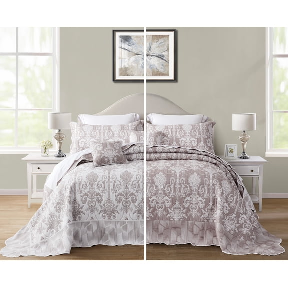 Blythease Oversized King Bedspread 138X122 Extra Wide, Jacquard Matelasse Damask Pattern Design, Lightweight, Reversible, 5 Piece, 100% Microfiber, California/Alaskan King, Bean Paste