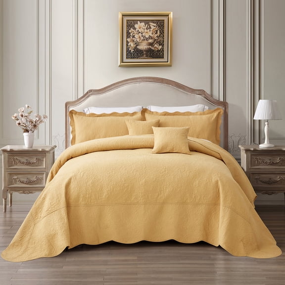 Blythease Oversized King Bedspread Cotton 138x122 Extra Wide, Reversible Paisley Pattern Design, Lightweight Bedding Cover, 5 Piece Set - California/Alaskan King, Honey Gold