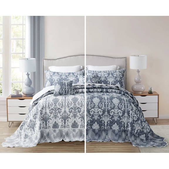 Blythease Oversized King Bedspread, Jacquard Matelasse Damask Pattern Design, Lightweight, Reversible, 5 Piece, 100% Microfiber, Blue