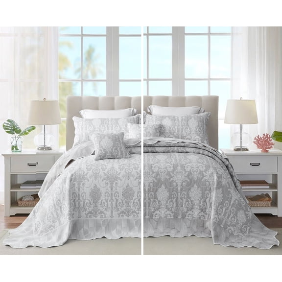 Blythease Oversized King Bedspread, Jacquard Matelasse Damask Pattern Design, Lightweight, Reversible, 5 Piece, 100% Microfiber, Gray