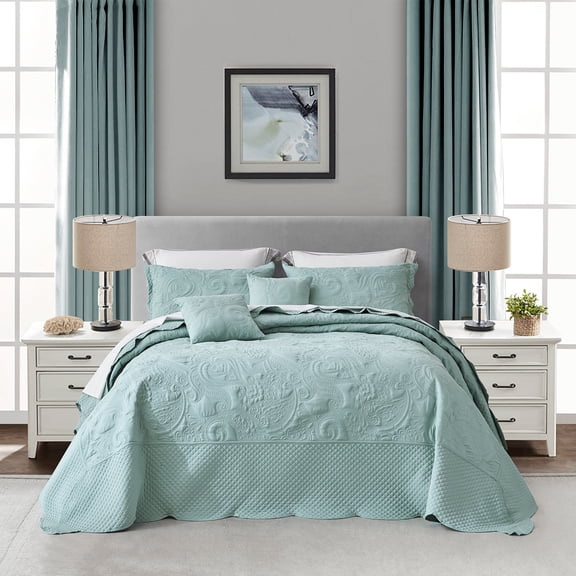 Blythease Oversized King Bedspread, Paisley Pattern Design, Lightweight Bedding Cover, Reversible, 5 Piece, 100% Microfiber, Seaglass