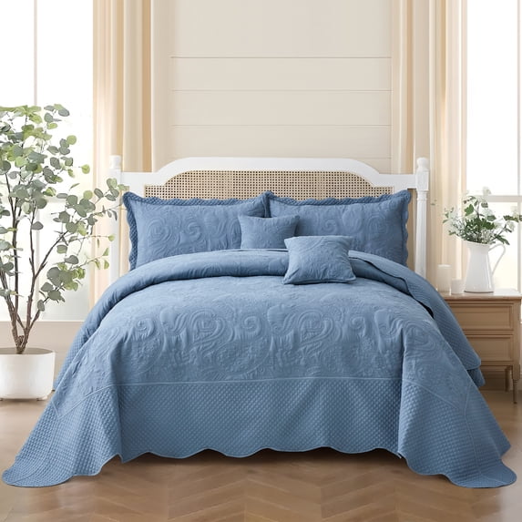 Blythease Oversized King Bedspread, Paisley Pattern Design, Lightweight Bedding Cover, Reversible, 5 Piece, 100% Microfiber, Smokey Blue