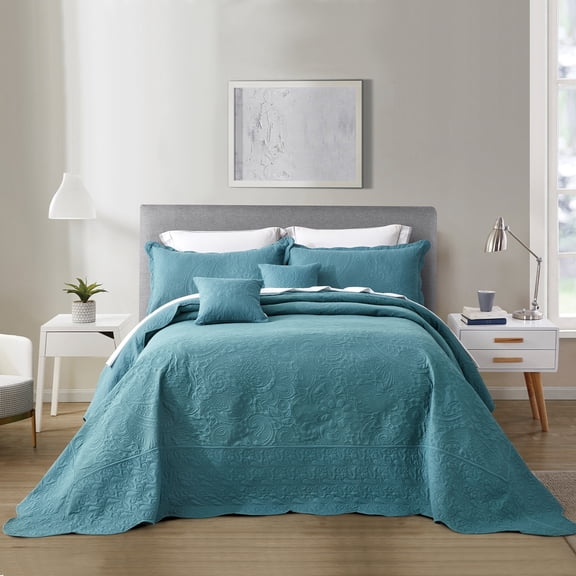 Blythease Oversized King Bedspread, Ultrasonic Lightweight Bedding Cover, Paisley Pattern, Reversible, 5 Piece, 100% Microfiber, Lagoon