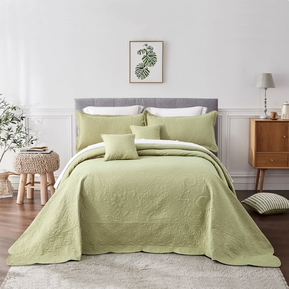 Blythease Oversized King Bedspread, Ultrasonic Lightweight Bedding Cover, Paisley Pattern, Reversible, 5 Piece, 100% Microfiber, Sage Green