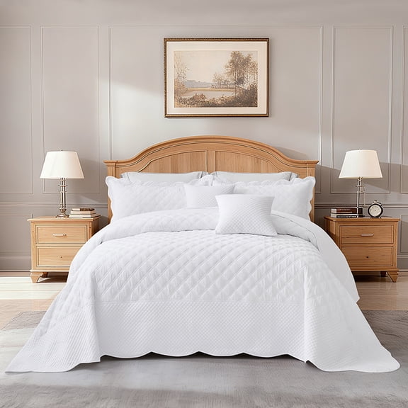 Blythease Oversized Velvet Quilt King 128x120 Extra Wide – Reversible Velvet Bedspread & Coverlet Set, 5 Piece Lightweight All Season Comforter Bedding, Geometric Diamond Quilted Design, Pure White