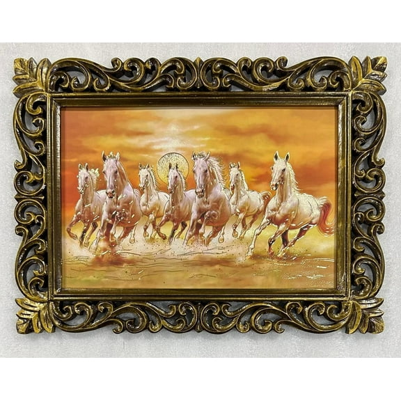 Bm Traders 7 Running Vastu Horses Alluring Gold Artwork Print Photo Design In Carved Wooden Frame Duco Finish Polished Size (23 X 17 Inch) OR (58.42 X 43.18 Cm) Religious Gifts