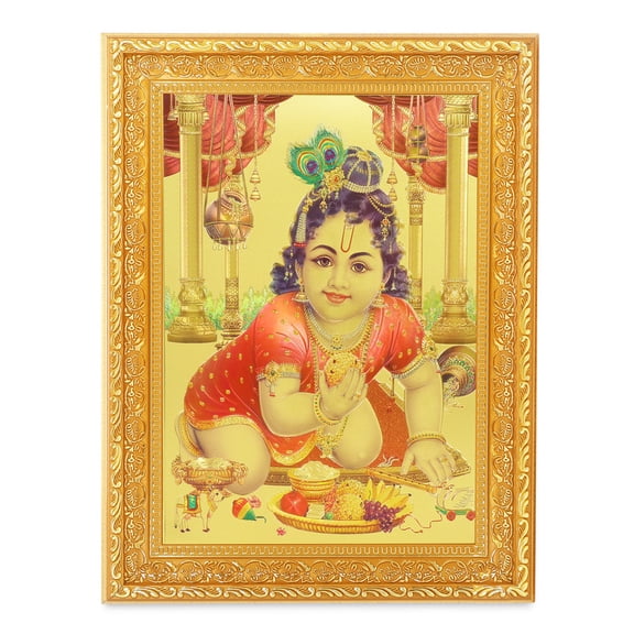 Bm Traders Bal Gopal Kirshna Beautiful Golden Foil Photo In ArtWork Golden Frame (11 x 14 Inch)OR(27.94 X 35.56 Cm) Housewarming Gifts