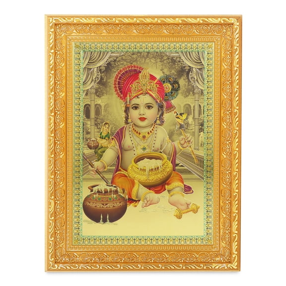 Bm Traders Bal Krishna Beautiful Golden Foil Photo In ArtWork Golden Frame (11 x 14 Inch)OR(27.94 X 35.56 Cm) Housewarming Gifts