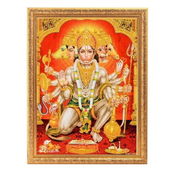 Bm Traders Bhagwan Panchmukhi Hanuman Zari Print Photo In Religious Frame (14 X 18 Inch)