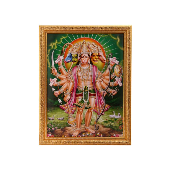 Bm Traders Bhagwan Panchmukhi Hanumanji Zari Print Photo In Religious Frame (14 X 18 Inch)