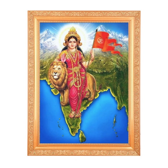 Bm Traders Bharat Mata Digital Print Photo In Golden Artwork Frame (11 x 14 Inch) OR (27.94 X 35.56 Cm) Religious Gifting
