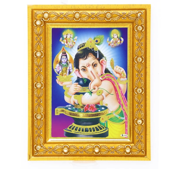 Bm Traders Brahma Vishnu Mahesh With Ganeshji Golden Art Work Colour Photo In Golden Wall Hanging-/-TableTop Frame (7.50 X 9.50 Inch) OR (19.05 X 24.13 Cm) Religious Gifting