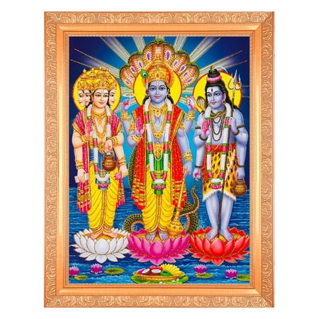 Bm Traders Brahma Vishnu Mahesh Zari Print Photo In Religious Frame (14 X 18 Inch)