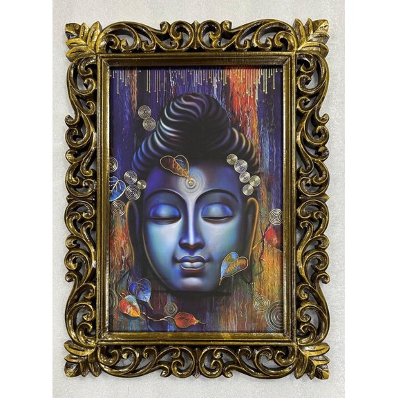 Bm Traders Buddha Gold Modern Artwork Print Photo Design In Carved Wooden Frame Duco Finish Polished Size (23 X 17 Inch) OR (58.42 X 43.18 Cm) Religious Gifts