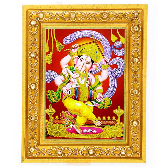 Bm Traders Dancing Ganpati Golden Art Work Colour Photo In Golden Wall Hanging-/-TableTop Frame (7.50 X 9.50 Inch) OR (19.05 X 24.13 Cm) Religious Gifting