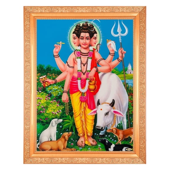 Bm Traders Dattatreya Beautiful Print Photo In ArtWork Golden Frame (11 x 14 Inch)OR(27.94 X 35.56 Cm) Religious Gifting