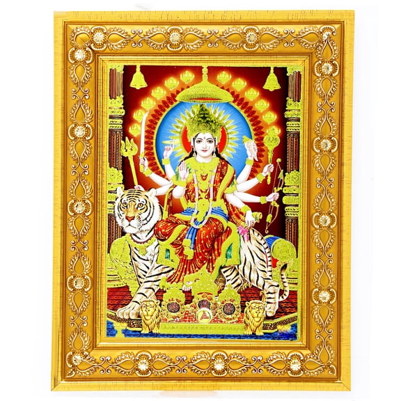 Bm Traders Devi Durga Golden Art Work Colour Photo In Golden Wall Hanging-/-TableTop Frame (7.50 X 9.50 Inch) OR (19.05 X 24.13 Cm) Religious Gifting