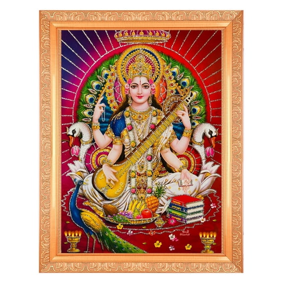 Bm Traders Devi Saraswati Mata Zari Print Photo In Religious Frame (14 X 18 Inch)