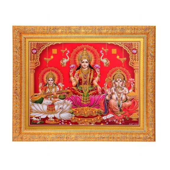 Bm Traders Diwali Poojan Lakshmi Saraswati Ganesh Zari Print Photo In ArtWork Golden Frame (11 x 14 Inch)OR(27.94 X 35.56 Cm) Religious Gifting