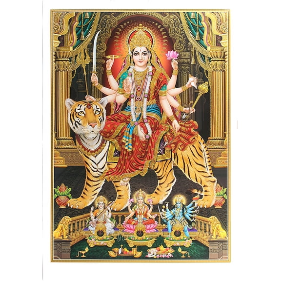 Bm Traders Durga Saraswati Lakshmi Kali Golden Zari Art Work Poster Without Frame (24 X 36 Inches)