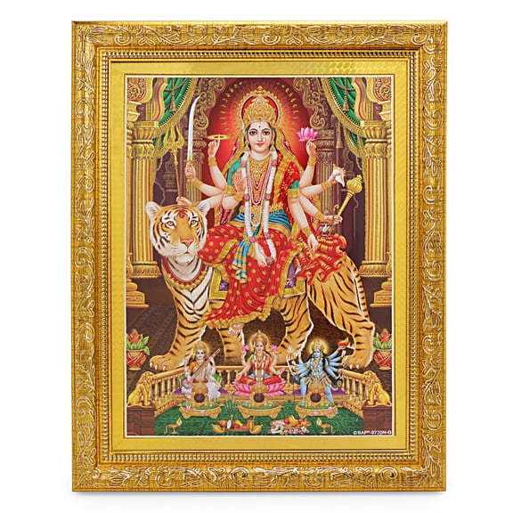 Bm Traders Durga Saraswati Lakshmi Kali Zari Print Photo In ArtWork Golden Frame (11 x 14 Inch)OR(27.94 X 35.56 Cm) Religious Gifting