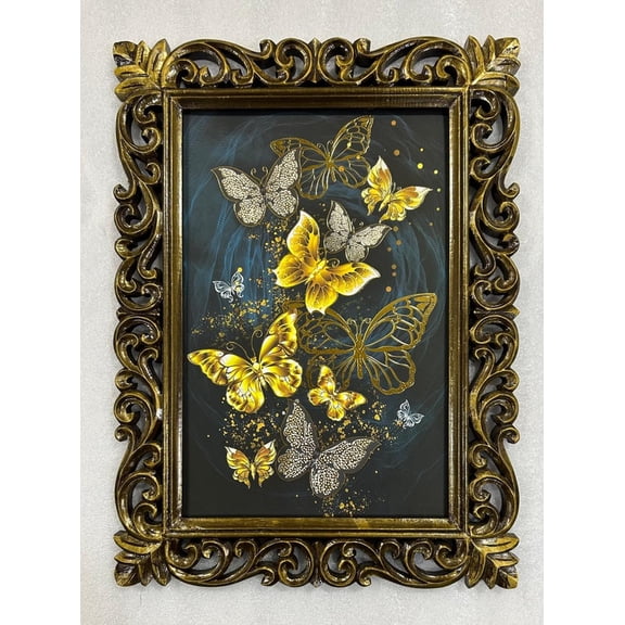 Bm Traders Elegant Butterflies Gold Artwork Print Photo Design In Carved Wooden Frame Duco Finish Polished Size (23 X 17 Inch) OR (58.42 X 43.18 Cm) Religious Gifts