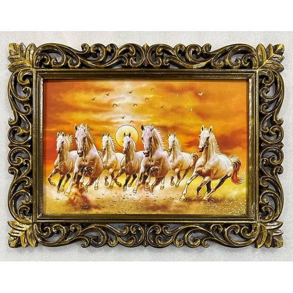 Bm Traders Elegant Vastu 7 Horses Gold Artwork Print Photo Design In Carved Wooden Frame Duco Finish Polished Size (23 X 17 Inch) OR (58.42 X 43.18 Cm) Religious Gifts