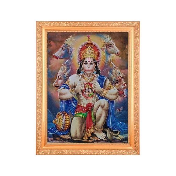 Bm Traders Hanuman Panchmukhi Beautiful Print Photo In ArtWork Golden Frame (11 x 14 Inch)OR(27.94 X 35.56 Cm) Religious Gifting