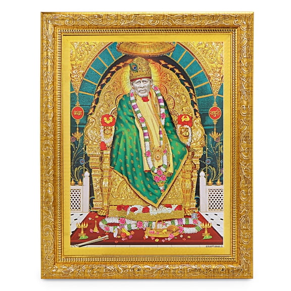 Bm Traders Jai Sai Baba Shirdi Zari Print Photo In ArtWork Golden Frame (11 x 14 Inch)OR(27.94 X 35.56 Cm) Religious Gifting