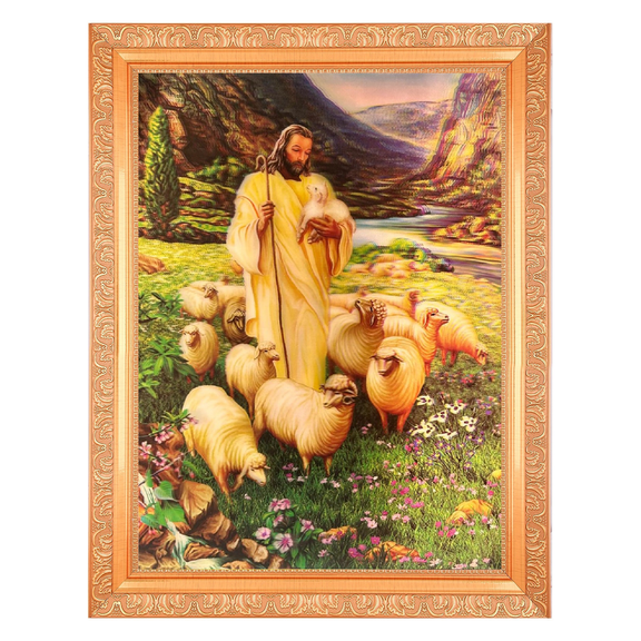 Bm Traders Jesus Christ The Good Shepherd Vintage Collection 5 Dimensional Layer (With 5D Effect) Art Work Photo In Golden Frame Big (14 X 18 Inches)