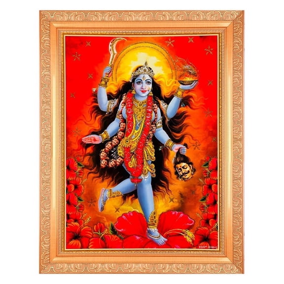 Bm Traders Kali Devi Zari Print Photo In ArtWork Golden Frame (11 x 14 Inch)OR(27.94 X 35.56 Cm) Religious Gifting