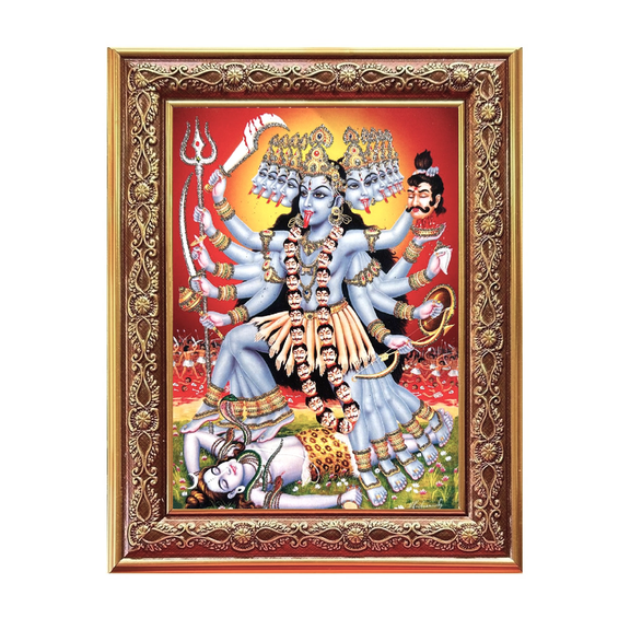 Bm Traders Kali Mata Silver Zari Artwork Photo In Golden Wall Hanging-/-TableTop Frame (7.50 X 9.50 Inch) OR (19.05 X 24.13 Cm) Religious Gifting