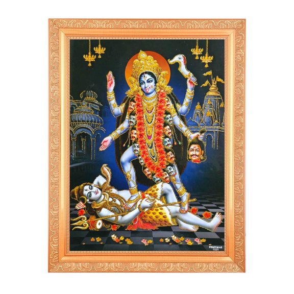 Bm Traders Kali Mata Zari Print Photo In ArtWork Golden Frame (11 x 14 Inch)OR(27.94 X 35.56 Cm) Religious Gifting