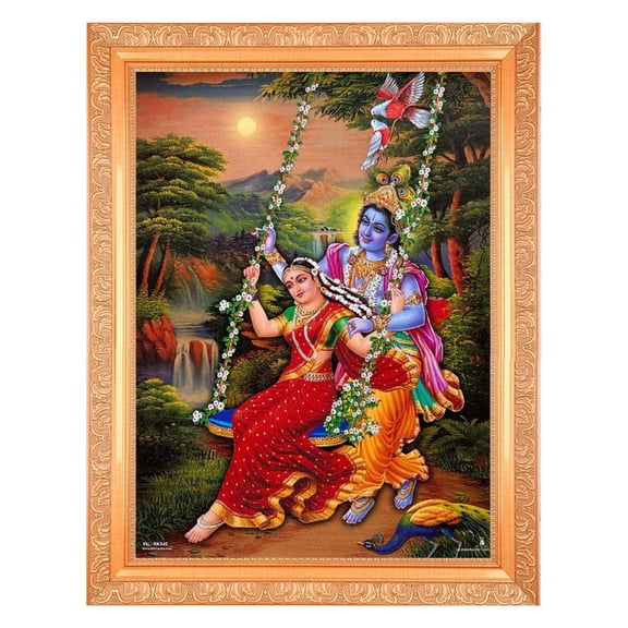 Bm Traders Krishna Radha With Jhoola Beautiful Print Photo In ArtWork Golden Frame (11 x 14 Inch)OR(27.94 X 35.56 Cm) Religious Gifting