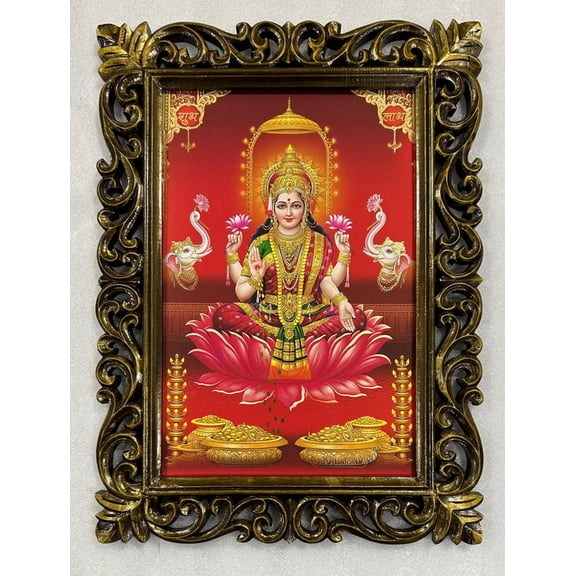 Bm Traders Lakshmi Maa Gold Artwork Print Photo Design In Carved Wooden Frame Duco Finish Polished Size (23 X 17 Inch) OR (58.42 X 43.18 Cm) Religious Gifts
