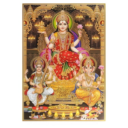 Bm Traders Lakshmi Saraswati Ganesh Golden Zari Art Work Poster Without Frame (24 X 36 Inches)
