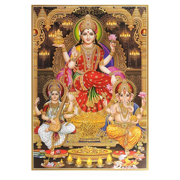 Bm Traders Lakshmi Saraswati Ganesh Golden Zari Art Work Poster Without Frame (24 X 36 Inches)
